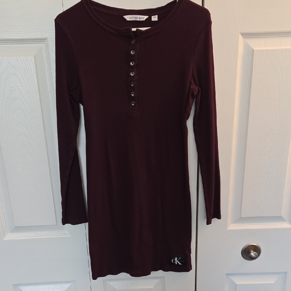 Calvin Klein Henley Knit Dress in Deep Wine
